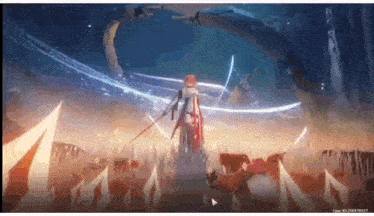 a woman with a sword is standing in a field with a whale in the background .