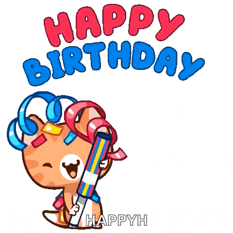 a happy birthday sticker with a cat holding a firework display .