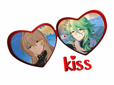 two hearts with pictures of anime characters and the word kiss in red