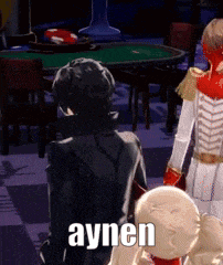 a video game character says aynen while standing in front of a table