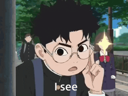 a boy wearing glasses says i see in front of a girl
