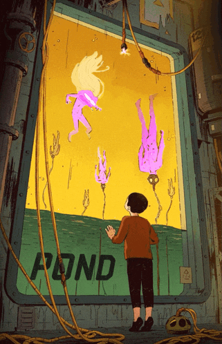 a cartoon drawing of a boy looking out of a window with the word pond on it