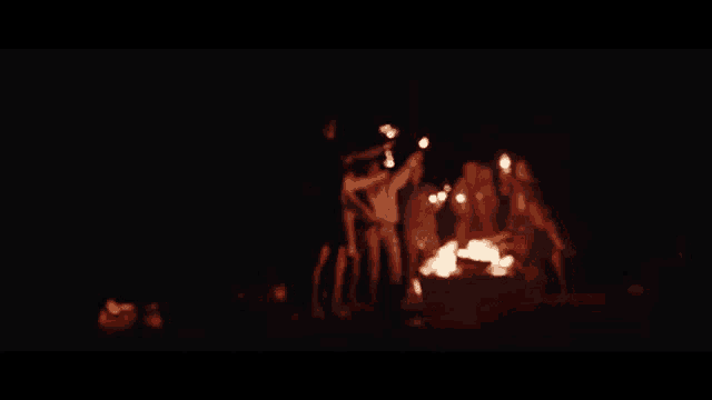 a group of people are gathered around a fire at night