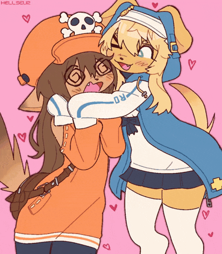 a drawing of two anime characters with the name hellsqui2 on the bottom left
