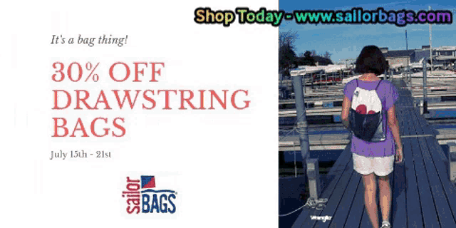 a woman is walking on a dock with the words 30 % off drawstring bags on the bottom