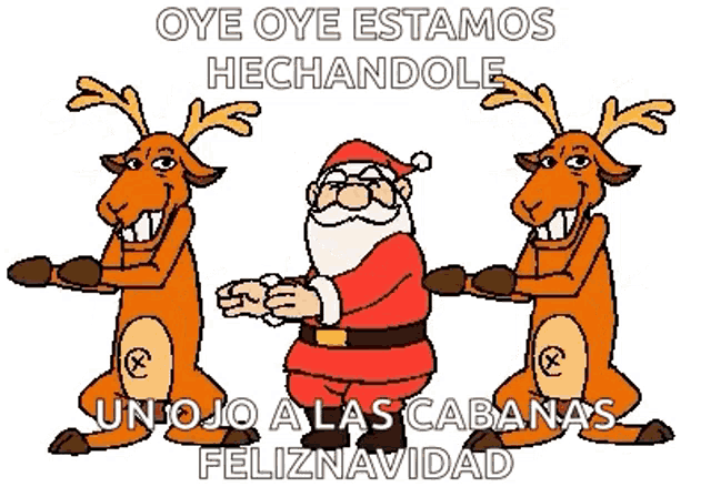 a cartoon of santa claus and two reindeer standing next to each other