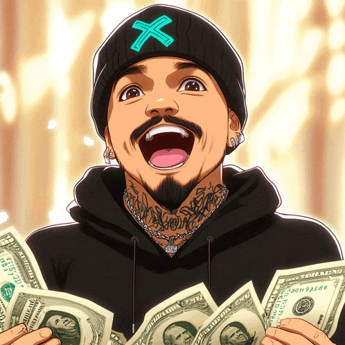 a man in a black hoodie is holding a pile of money