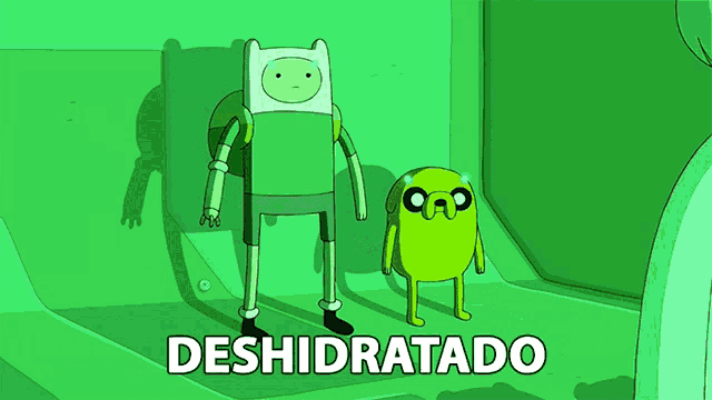 finn and jake from adventure time are standing next to each other with the word deshidratado above them