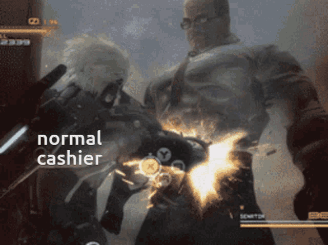 a video game scene with the words normal cashier on the bottom left