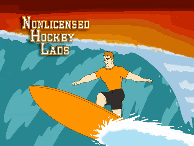 a cartoon of a man riding a wave with the words " nonlicensed hockey lads " below him