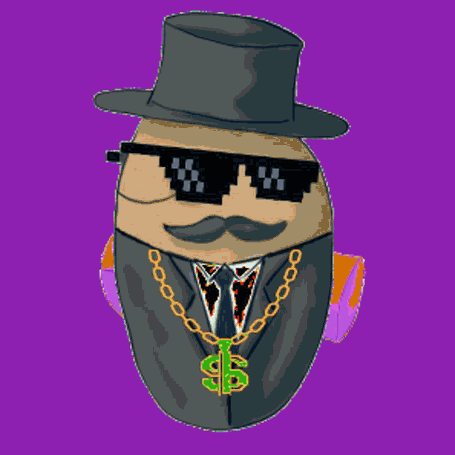 a pixel art drawing of a man wearing a top hat sunglasses and a dollar sign around his neck