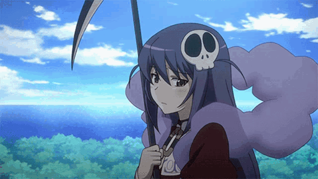 a cartoon girl with a skull on her head holds a scythe
