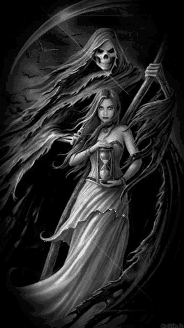 a grim reaper is holding a scythe and a woman is holding an hourglass
