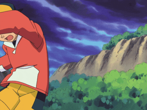 a cartoon character in a red jacket and yellow pants is standing in front of a mountain