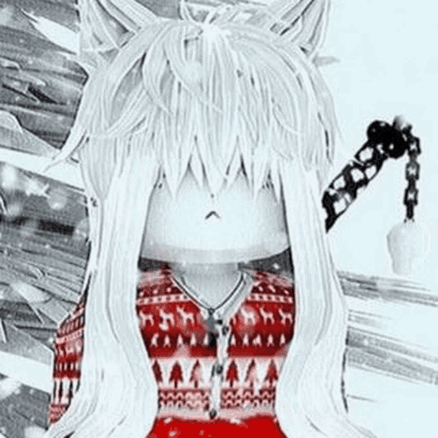 a girl with white hair and cat ears is wearing a red and white sweater and a red dress .