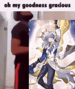 a man is standing next to a picture of a girl with the words oh my goodness gracious