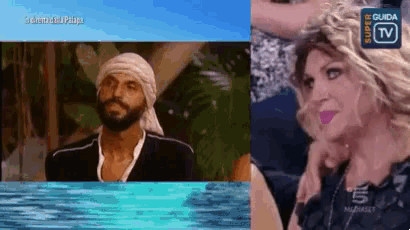 a man wearing a turban and a woman wearing a wig are on a television screen .
