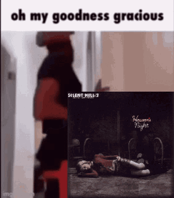 a man in a red hat is standing next to a picture of a woman laying on the floor with the words oh my goodness gracious