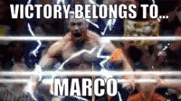 a man in a boxing ring with the words victory belongs to marco