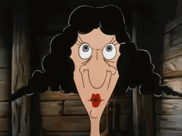 a cartoon character with big eyes and red lips looks angry