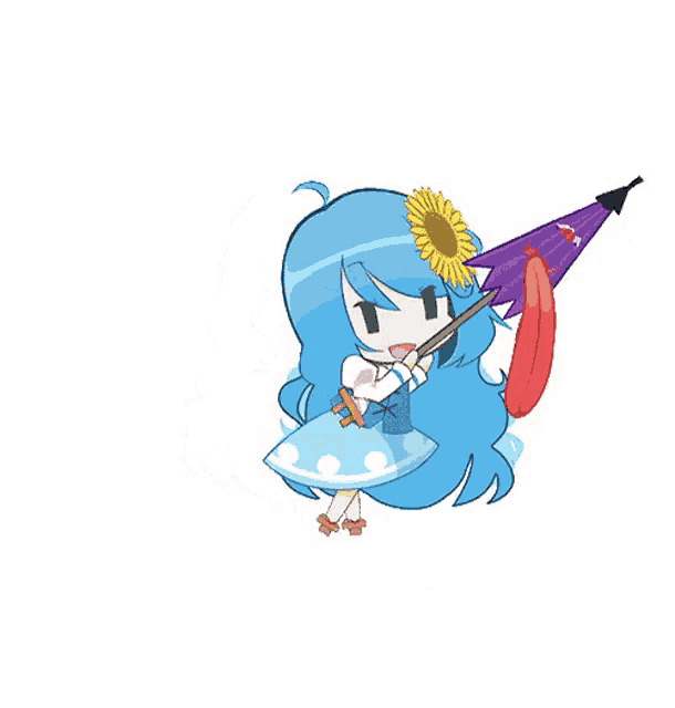 a girl with blue hair is holding a purple umbrella and a sunflower in her hair