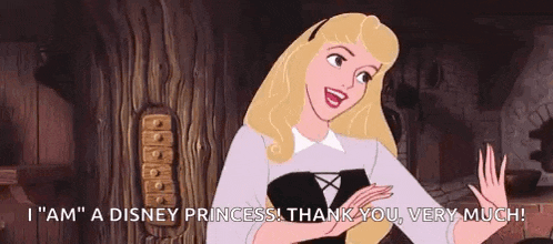 aurora from sleeping beauty is saying `` i am a disney princess . thank you very much ! ''