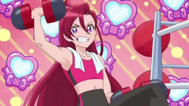a cartoon girl with red hair is lifting a dumbbell .