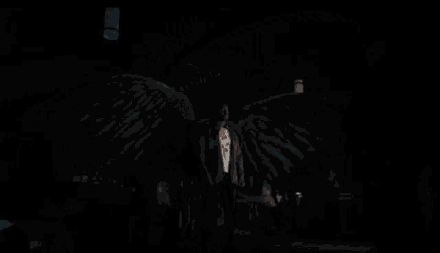 a man with wings is sitting in a dark room with a bird behind him .