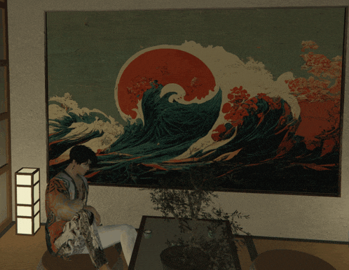 a man sits in front of a painting of waves and a red sun