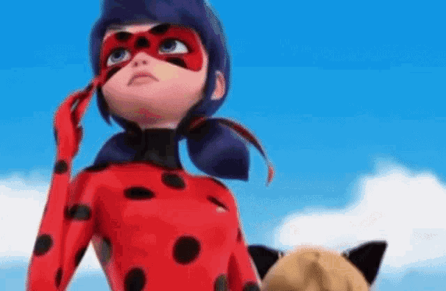 a ladybug and cat noir from miraculous ladybug are standing next to each other in front of a blue sky .