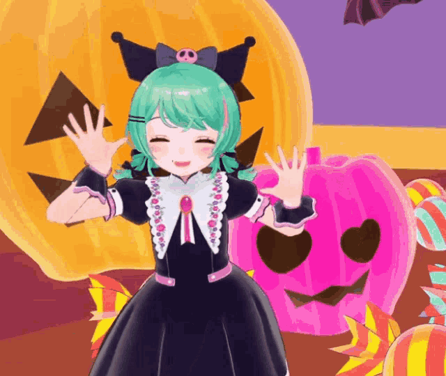 a girl with green hair is standing in front of a large pumpkin