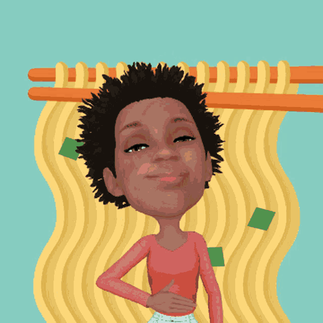 a cartoon of a woman standing in front of noodles