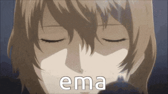 a close up of a person 's face with the word " ema " written on it