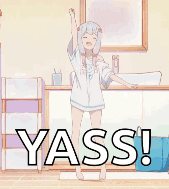 a girl in a white shirt is dancing in a bathroom with the word yass below her