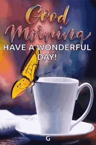 a butterfly is sitting on a cup of coffee with the words `` good morning have a wonderful day '' .