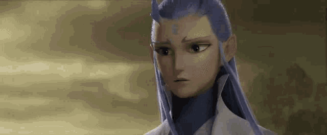 a cartoon character with long blue hair and horns .