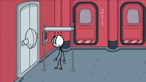 a cartoon character is standing in front of a red door with j11 on it