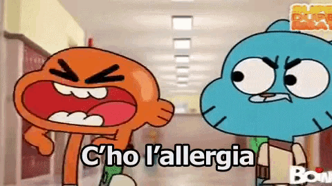 two cartoon characters , darwin and gumball , are standing next to each other in a hallway and talking .