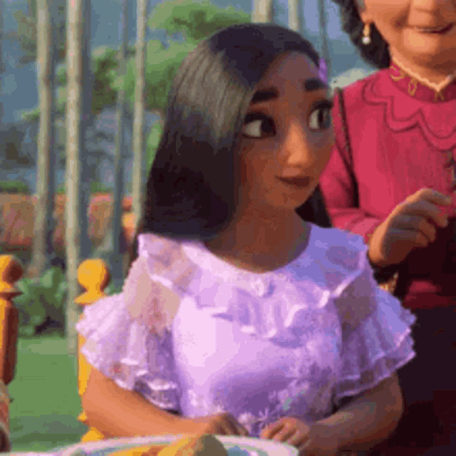 a cartoon girl is sitting at a table with a plate of food and a woman .