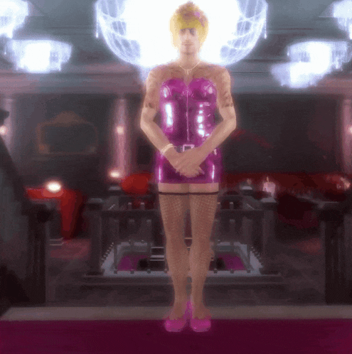a man in a pink dress is standing in a room
