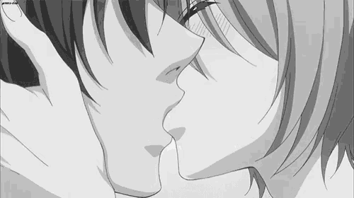 a black and white drawing of two anime characters kissing each other .
