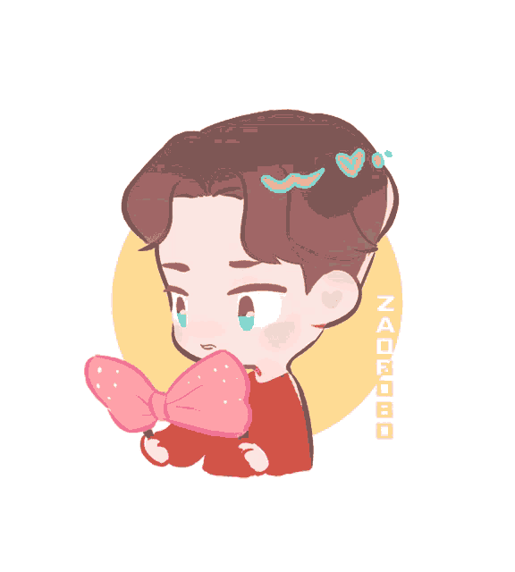 a drawing of a boy with a pink bow on his head and the name naorobo on the bottom right