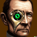 a close up of a man 's face with a robotic eye on it