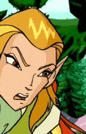 a close up of a cartoon character 's face with a yellow headband and ears .