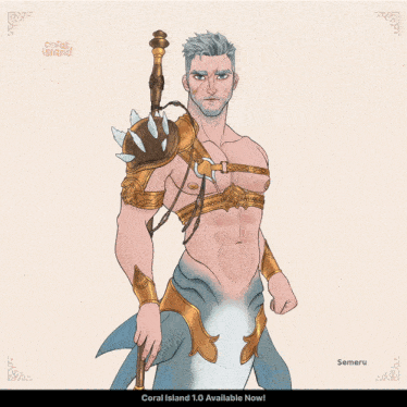 a drawing of a man with a shark tail and the words coral island 1.0 available now on the bottom