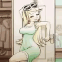 a woman in a green dress is sitting on a door .