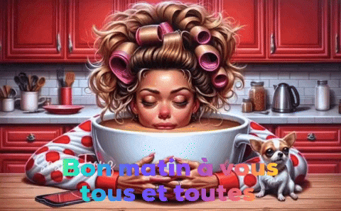 a painting of a woman with curlers in her hair drinking from a cup of coffee