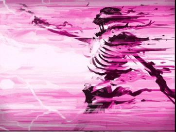 a pink and white painting of a skeleton with a lightning bolt in the background