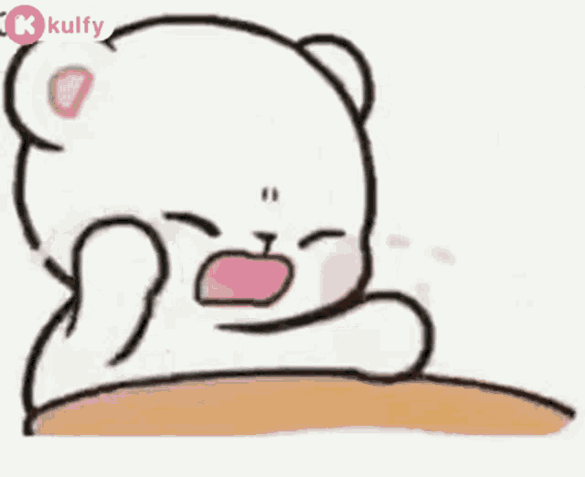 a cartoon of a teddy bear crying while sitting at a table with his mouth open .