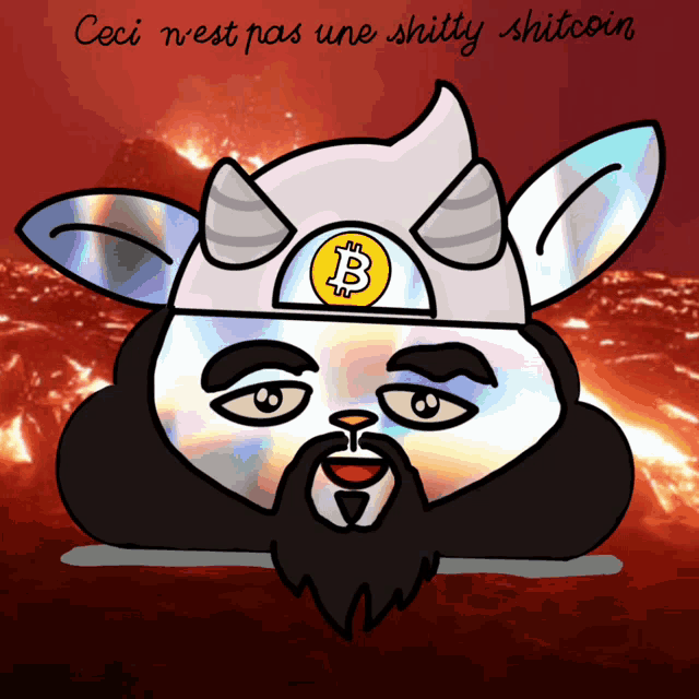 a cartoon of a man with a beard wearing a hat with a bitcoin logo on it